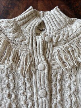 Vintage Nine West Cream Cable Knit Fringe Sweater Cardigan boho western 70’s